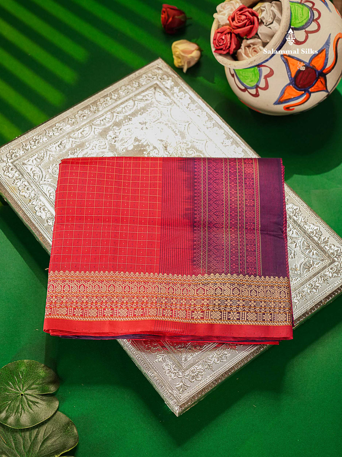 Semi Silk Cotton Saree - Pink Colour Body Small Checks With Butta & Thread Work Border