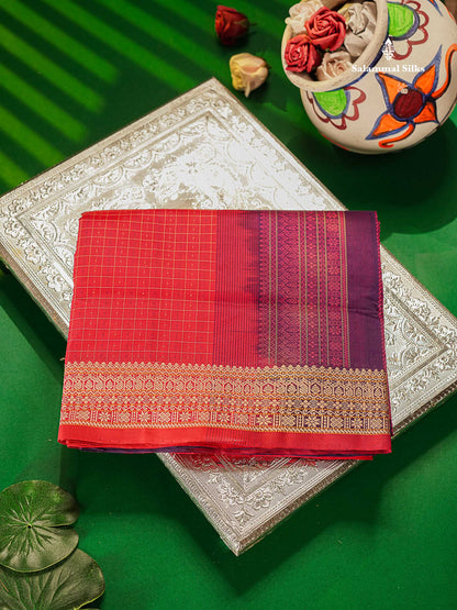 Semi Silk Cotton Saree - Pink Colour Body Small Checks With Butta & Thread Work Border
