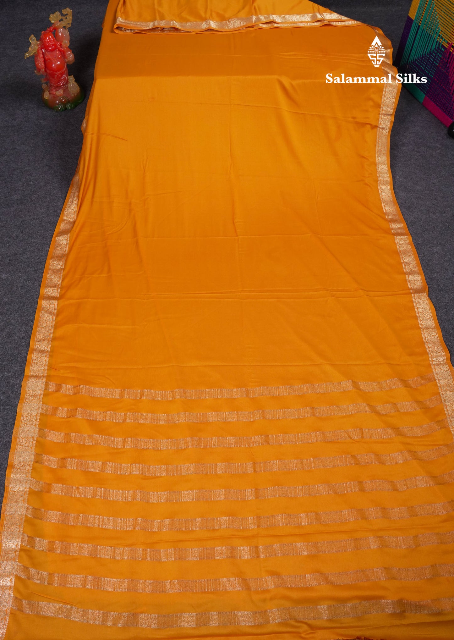 Beautiful Mustard Yellow Plain Semi Mysore Silk Saree With Small Traditional Zari Border