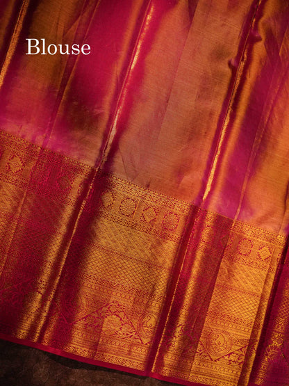 Sandal Tissue Bridal Pure Kanjivaram Silk Saree With Contrast Pink Traditional Evening Morning Border