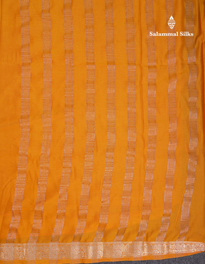 Beautiful Mustard Yellow Plain Semi Mysore Silk Saree With Small Traditional Zari Border