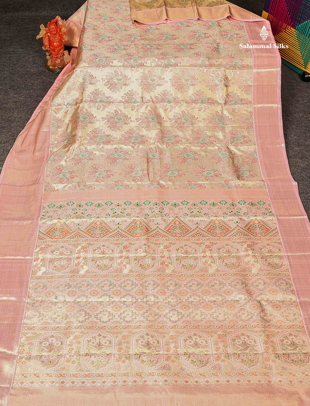 Pure Zari Sandal Light Pink Tissue Kanjivaram Silk Saree with Contrast Baby Pink Border
