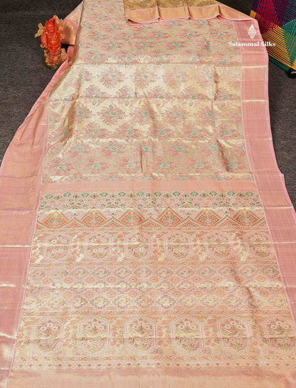Pure Zari Sandal Light Pink Tissue Kanjivaram Silk Saree with Contrast Baby Pink Border