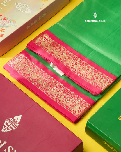 9.5 Yards Semi Silk Saree Bottle Green with Contrast Pink Border