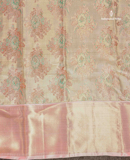 Baby Pink Korvai Border Of Sandal Pure Zari Kanjivaram Silk Saree