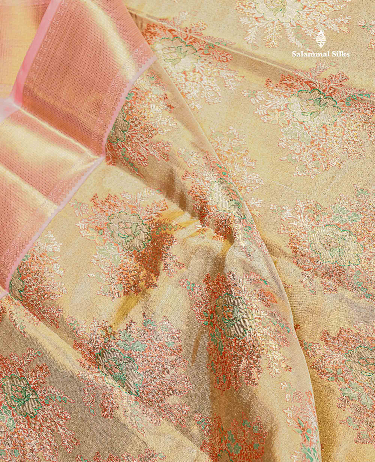 Pure Zari Sandal Light Pink Tissue Kanjivaram Silk Saree with Contrast Baby Pink Border