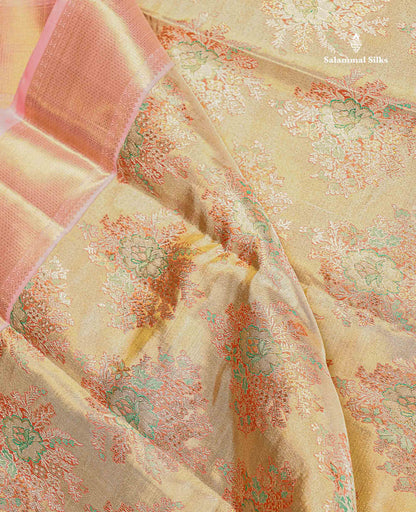Pure Zari Sandal Light Pink Tissue Kanjivaram Silk Saree with Contrast Baby Pink Border