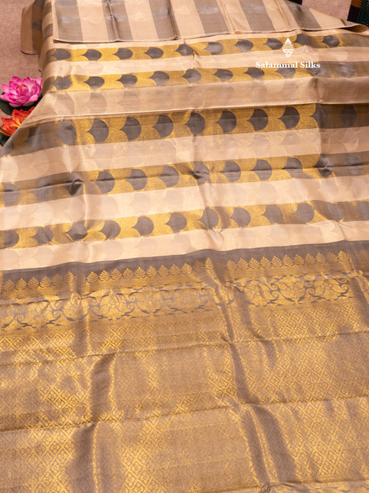 Fancy half white Pure Kanjivaram Silk Saree With Gold Zari Border