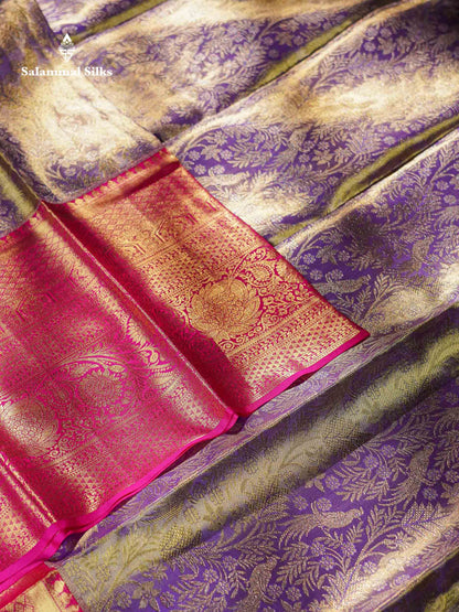 Light Lavender Colour Pure Kanjivaram Silk Saree With Contrast Long Pink Border