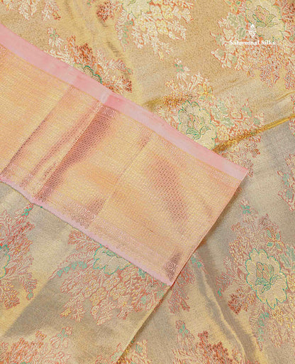 Pure Zari Sandal Light Pink Tissue Kanjivaram Silk Saree with Contrast Baby Pink Border