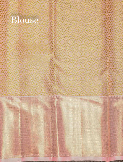 Contrast Baby Pink Blouse Of Sandal Pure Zari Kanjivaram Silk Saree