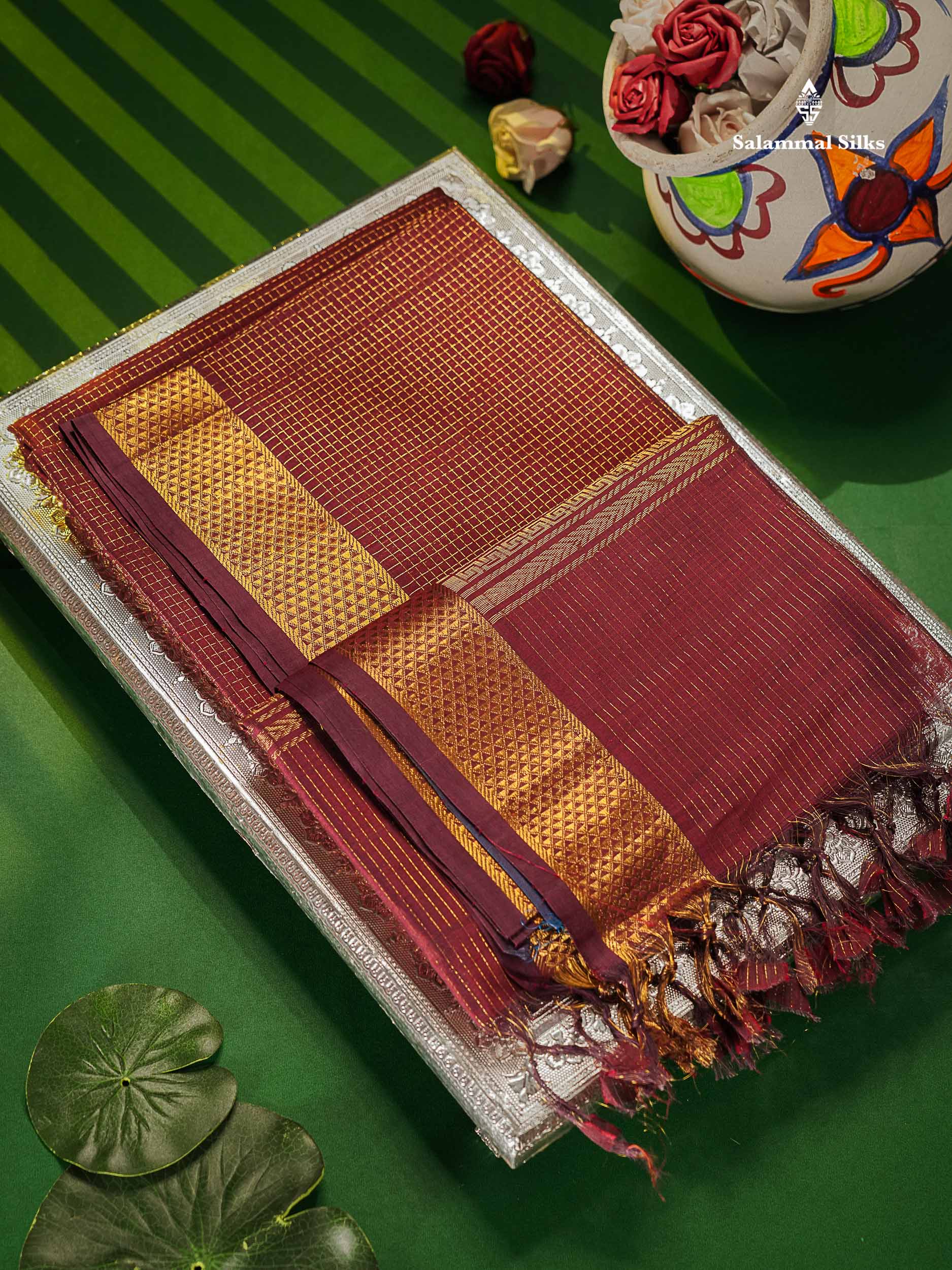 Pure Silk Cotton Saree - Dual Tone Maroon Colour Body Small Zari Checks With Traditional Border