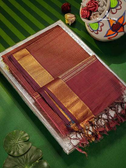 Pure Silk Cotton Saree - Dual Tone Maroon Colour Body Small Zari Checks With Traditional Border