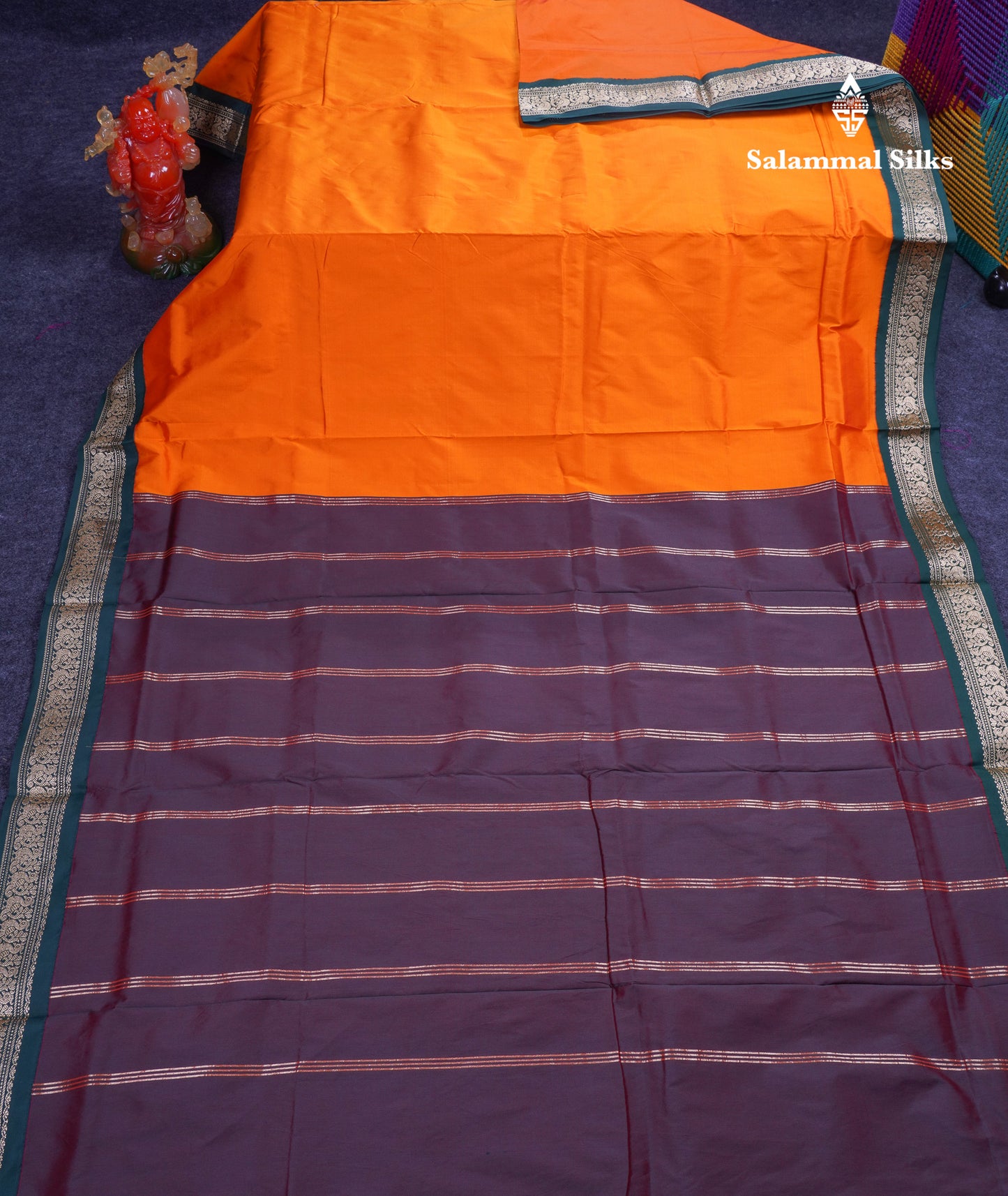 9.5 Yards Semi Silk Saree Orange with Contrast Bottle Green Traditional Border