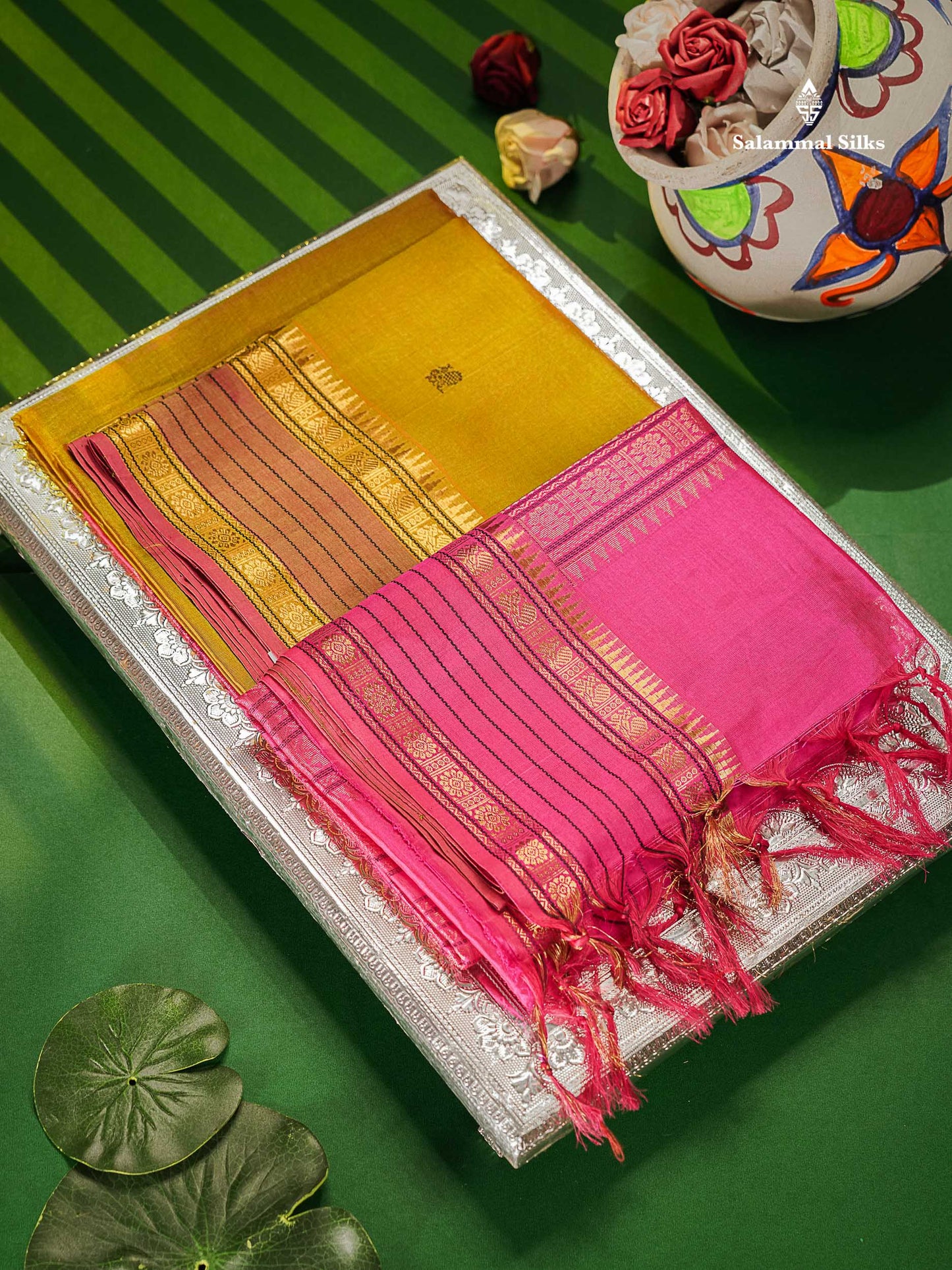Pure Silk Cotton Saree - Manthulir Yellow Colour Body Thread Butta & Magenta Pink Traditional Border