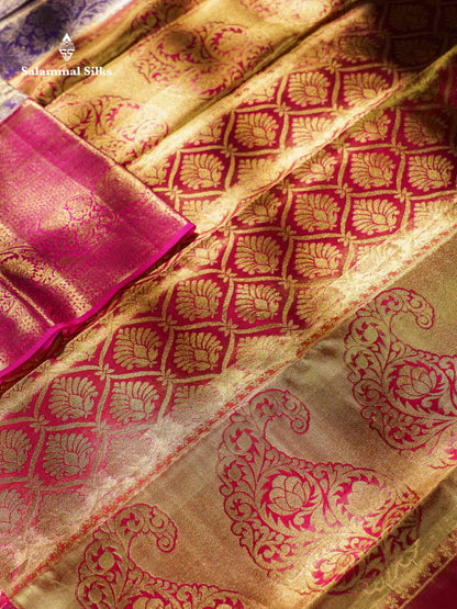 Light Lavender Colour Pure Kanjivaram Silk Saree With Contrast Long Pink Border
