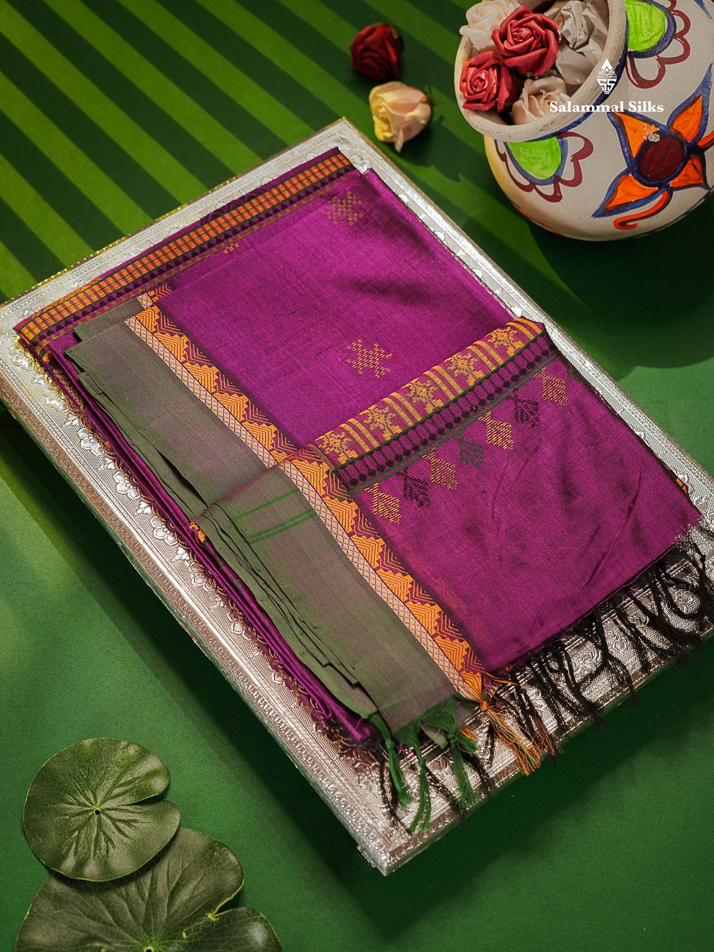 Pure Silk Cotton Saree - Dark Purple Colour Body Thread Butta & Traditional Border