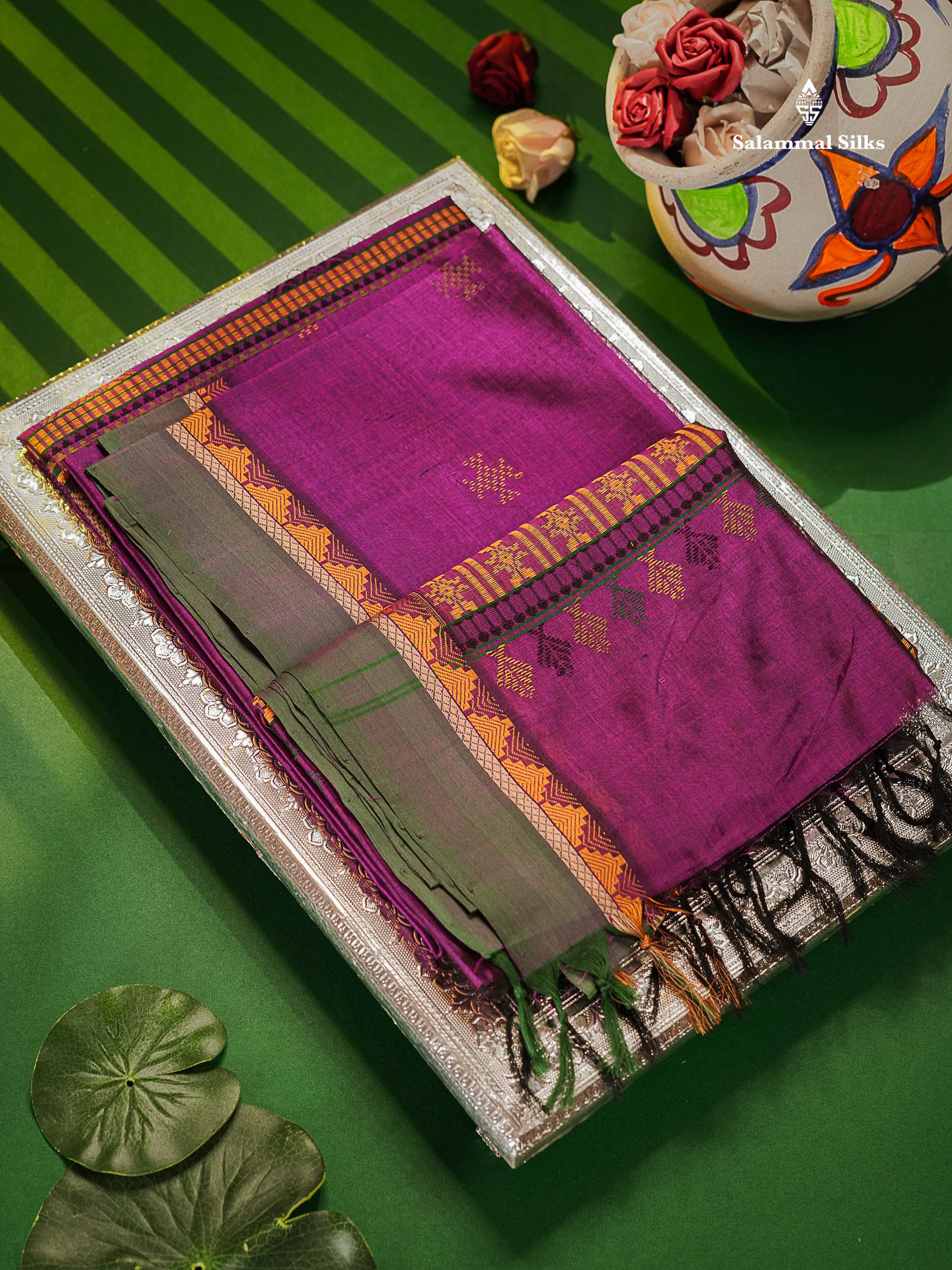 Pure Silk Cotton Saree - Dark Purple Colour Body Thread Butta & Traditional Border