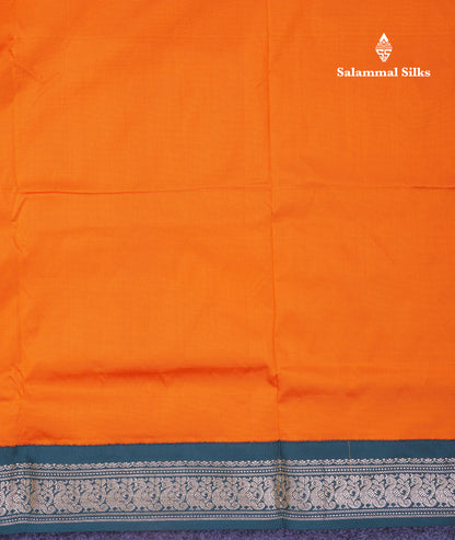 9.5 Yards Semi Silk Saree Orange with Contrast Bottle Green Traditional Border