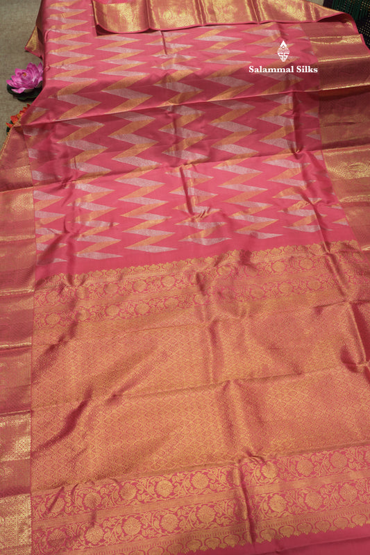 Pink Colour Pure Kanjivaram Silk Saree With Gold Zari Border