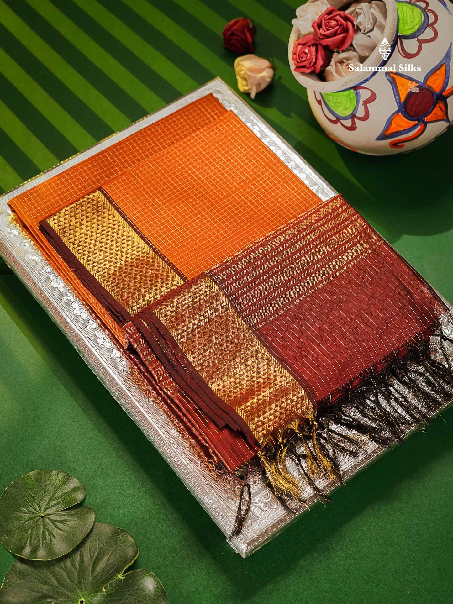 Pure Silk Cotton Saree - Rust Orange Colour Body Small Zari Checks With Dark Maroon Border