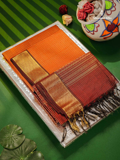Pure Silk Cotton Saree - Rust Orange Colour Body Small Zari Checks With Dark Maroon Border
