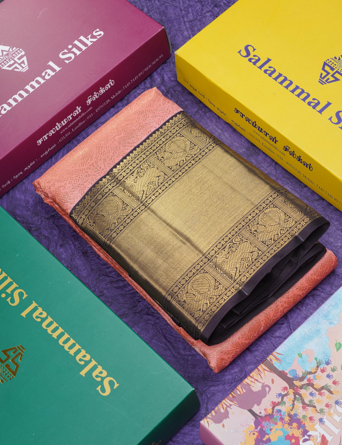 Beautiful Korvai Dark Peach Pure Kanjivaram Silk Saree Pure Zari with Contrast Dark Violet Traditional Border