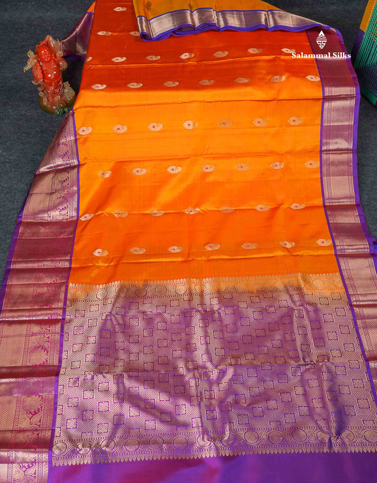 Pure Kanjivaram Silk Saree - Orange Colour Body Menakari Butta With Purple Border