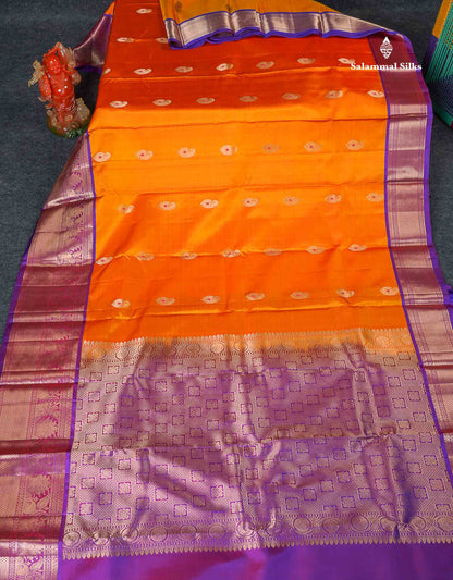 Pure Kanjivaram Silk Saree - Orange Colour Body Menakari Butta With Purple Border