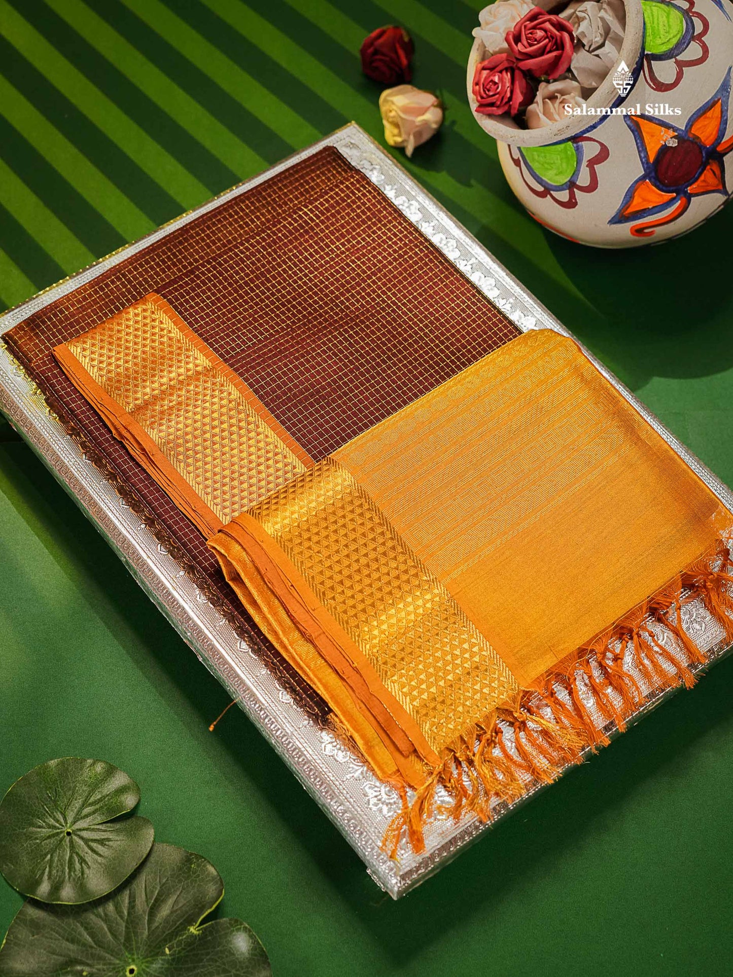 Pure Silk Cotton Saree - Dark Maroon Colour Body Small Zari Checks With Contrast Mustard Yellow Border