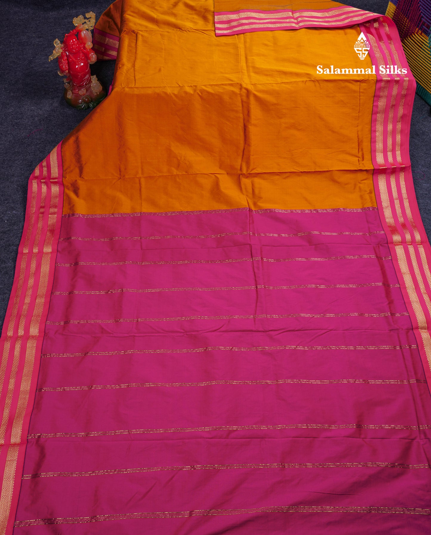 9.5 Yards Semi Silk Saree Mustard Yellow with Contrast Pink Traditional Border