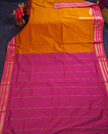 9.5 Yards Semi Silk Saree Mustard Yellow with Contrast Pink Traditional Border