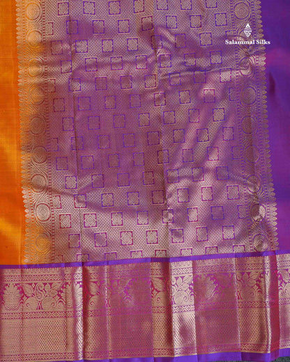 Pure Kanjivaram Silk Saree - Orange Colour Body Menakari Butta With Purple Border