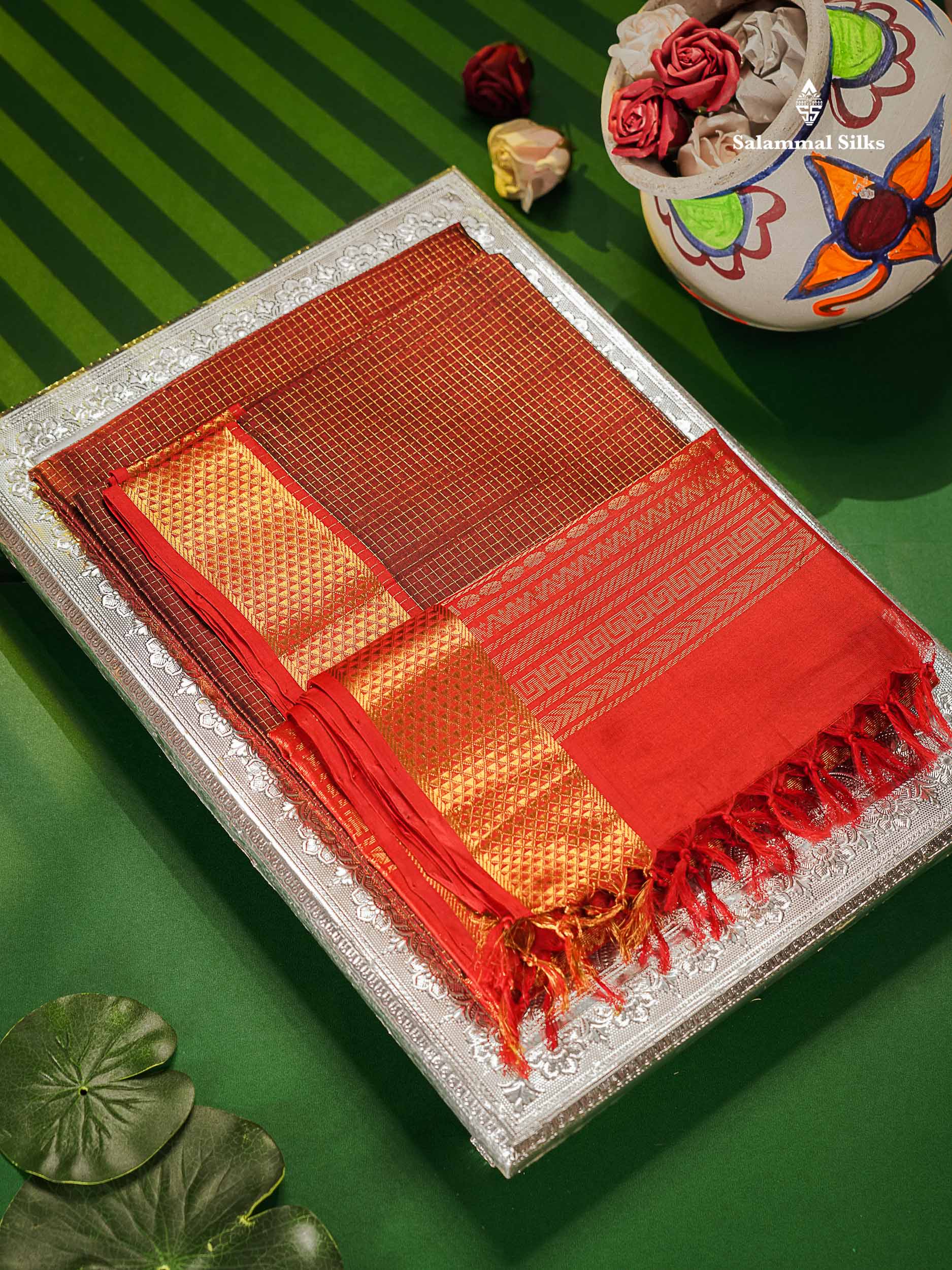 Pure Silk Cotton Saree - Maroon Colour Body Small Zari Checks With Contrast Red Border