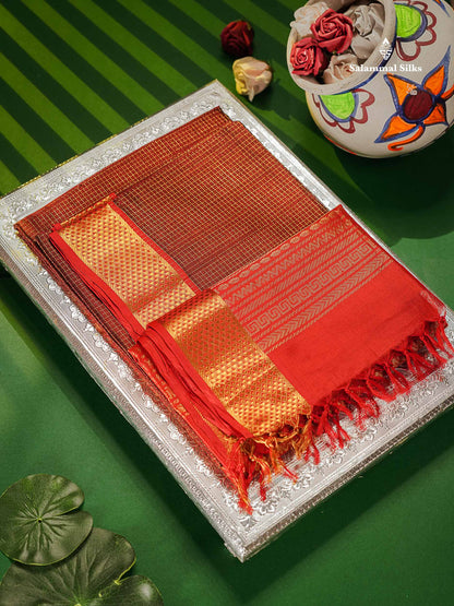 Pure Silk Cotton Saree - Maroon Colour Body Small Zari Checks With Contrast Red Border
