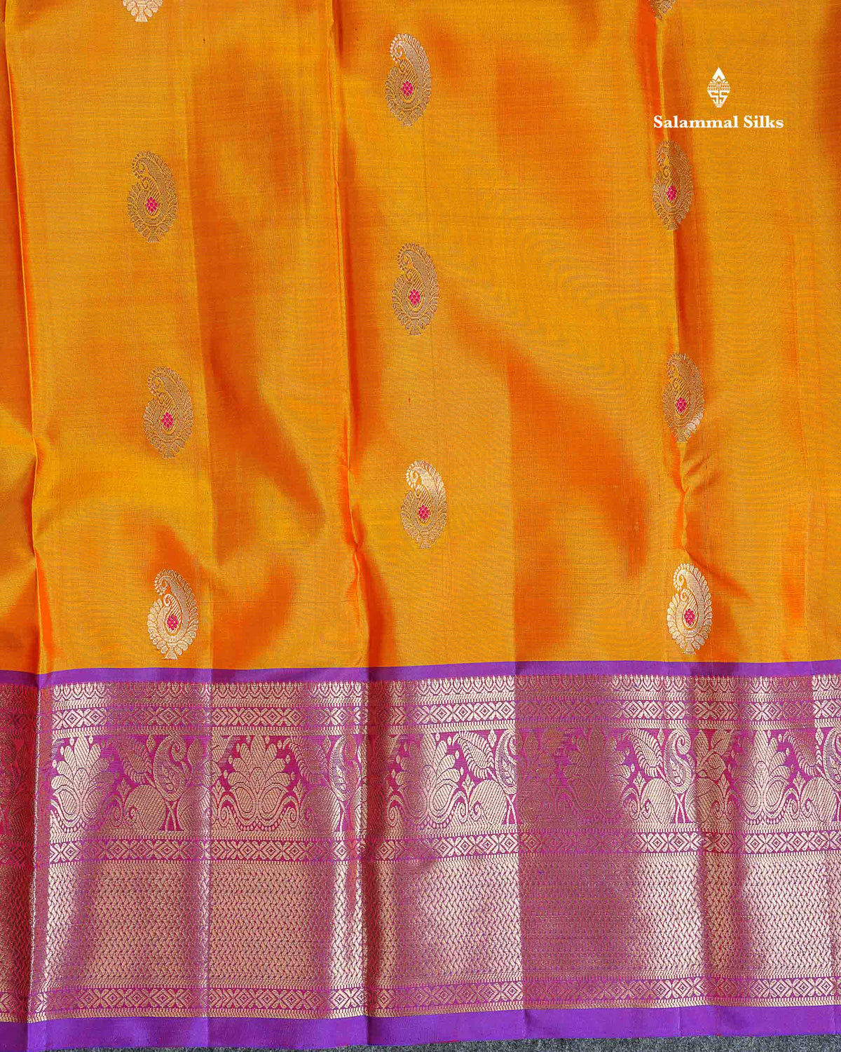 Pure Kanjivaram Silk Saree - Orange Colour Body Menakari Butta With Purple Border