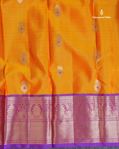Pure Kanjivaram Silk Saree - Orange Colour Body Menakari Butta With Purple Border