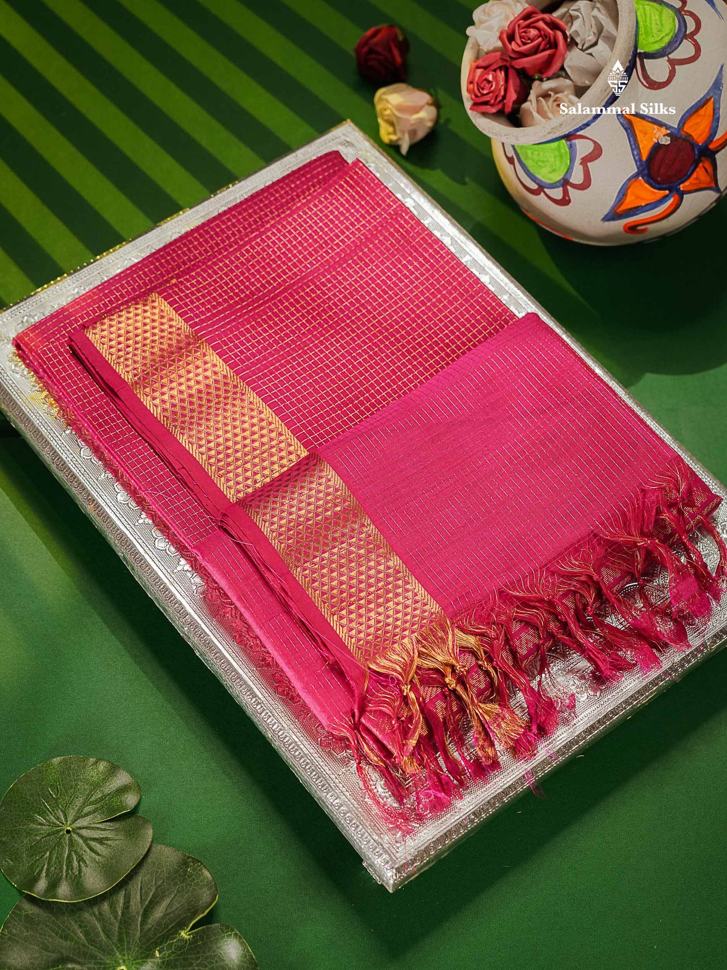 Pure Silk Cotton Saree - Pink Colour Body Small Zari Checks With Traditional Border