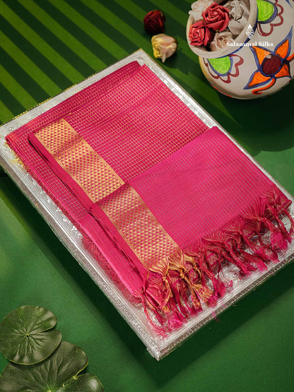 Pure Silk Cotton Saree - Pink Colour Body Small Zari Checks With Traditional Border