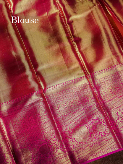 Light Lavender Colour Pure Kanjivaram Silk Saree With Contrast Long Pink Border