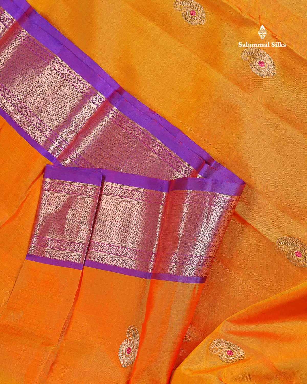 Pure Kanjivaram Silk Saree - Orange Colour Body Menakari Butta With Purple Border