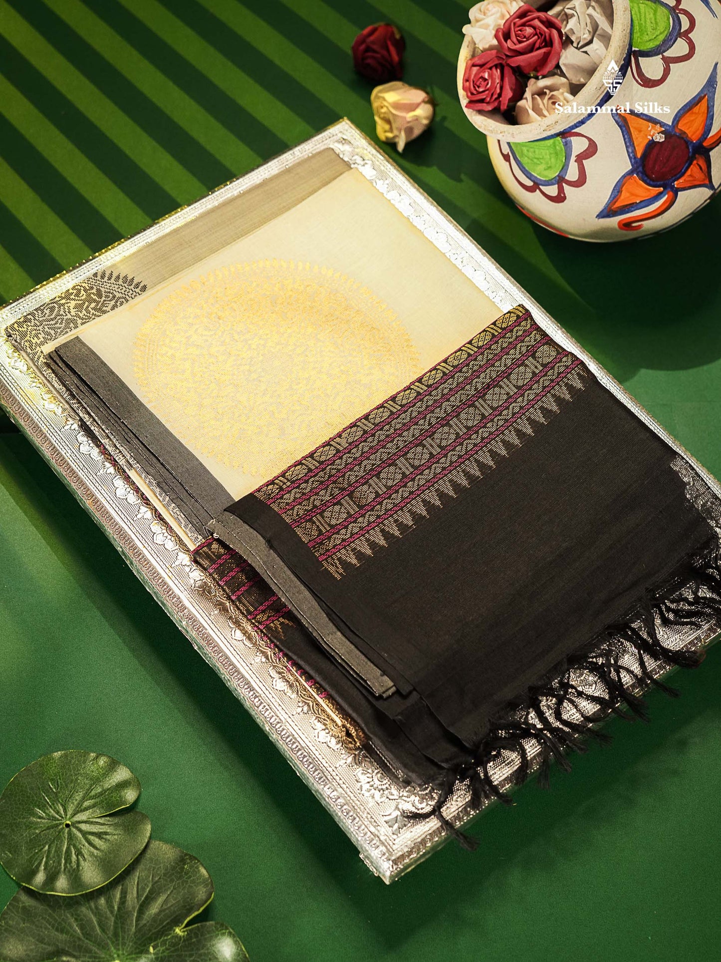 Pure Silk Cotton Saree - Half White Colour Body Thread Butta & Black Blouse