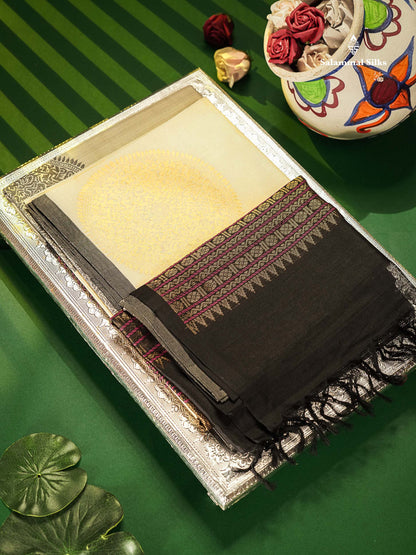 Pure Silk Cotton Saree - Half White Colour Body Thread Butta & Black Blouse