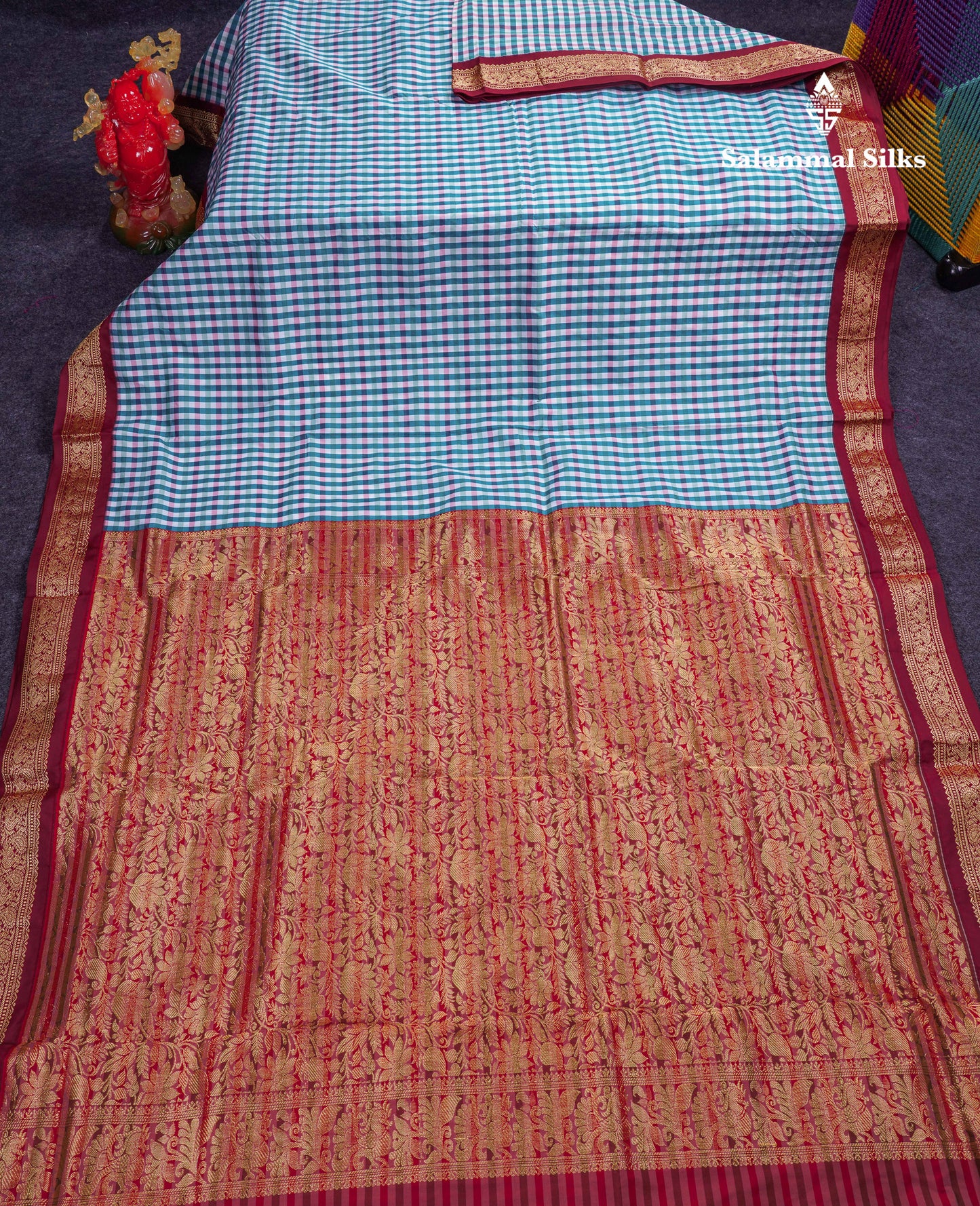 9.5 Yards Semi Silk Saree Peacock Green & White Checks With Contrast Maroon Traditional Border