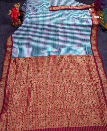 9.5 Yards Semi Silk Saree Peacock Green & White Checks With Contrast Maroon Traditional Border