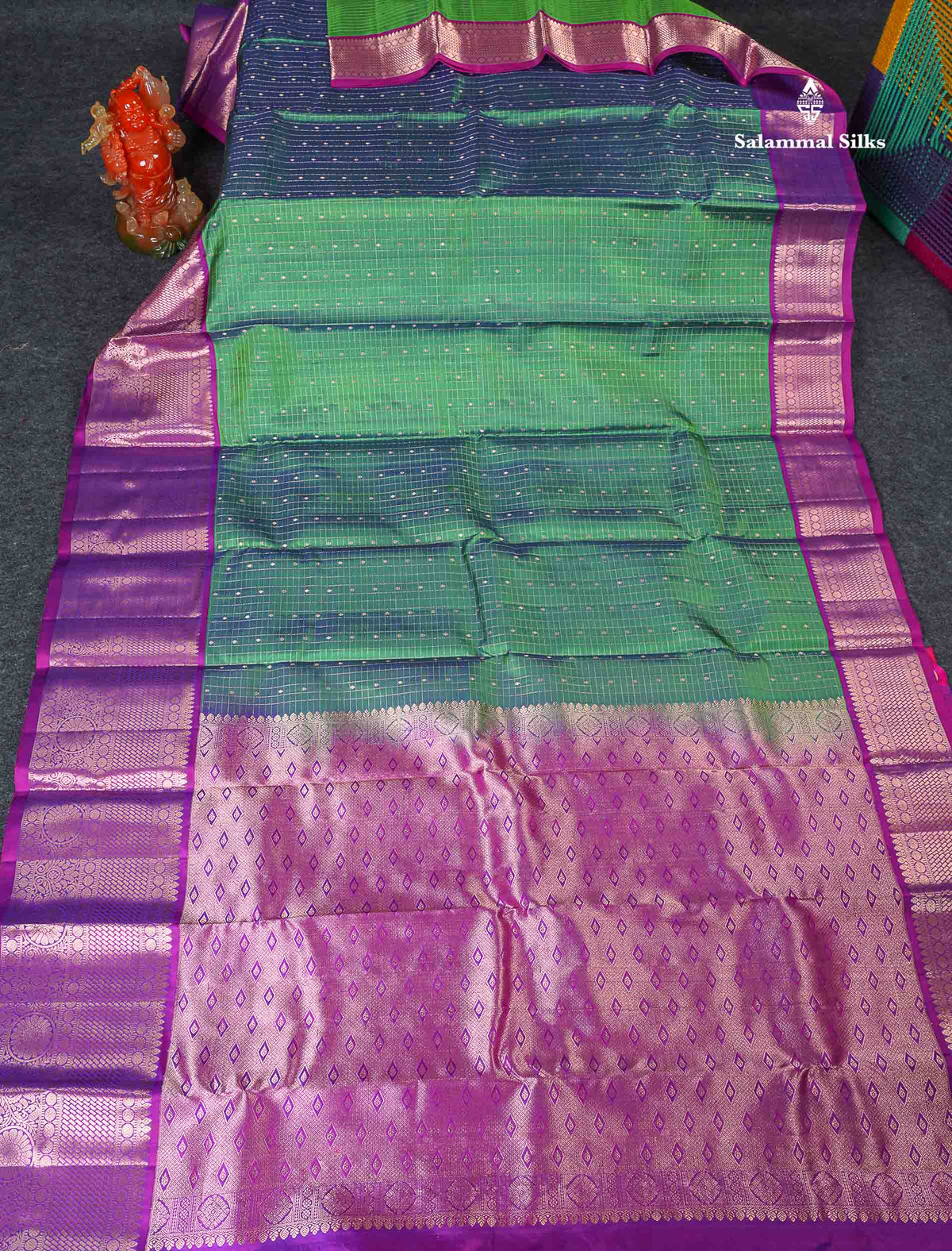 Pure Kanjivaram Silk Saree - Green Colour Body Checks With Butta & Purple Border 