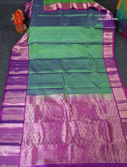 Pure Kanjivaram Silk Saree - Green Colour Body Checks With Butta & Purple Border 