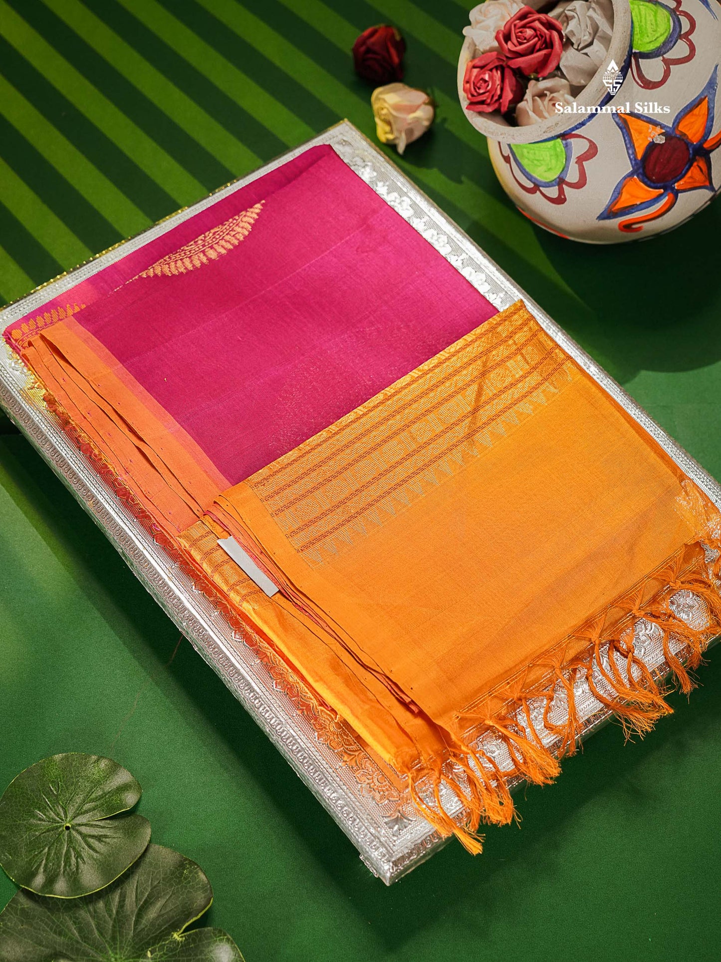 Pure Silk Cotton Saree - Magenta Pink Colour Body Thread Butta & Mustard Yellow Blouse