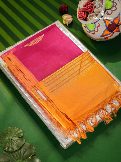 Pure Silk Cotton Saree - Magenta Pink Colour Body Thread Butta & Mustard Yellow Blouse