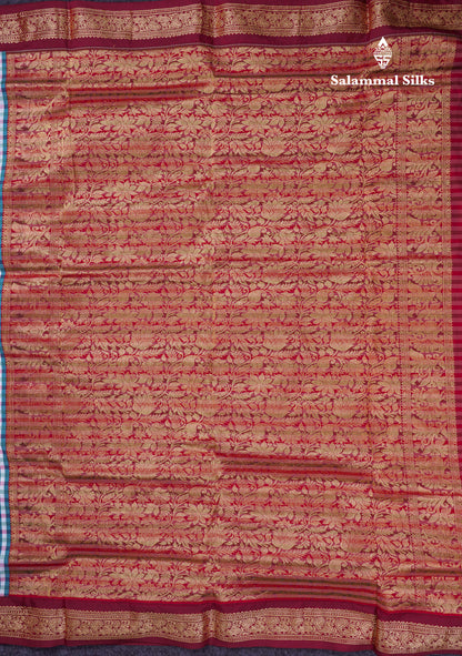 9.5 Yards Semi Silk Saree Peacock Green & White Checks With Contrast Maroon Traditional Border